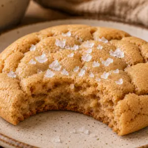 Bakery-style peanut butter cookies stacked on a cooling rack with flaky sea salt and soft chewy centers.