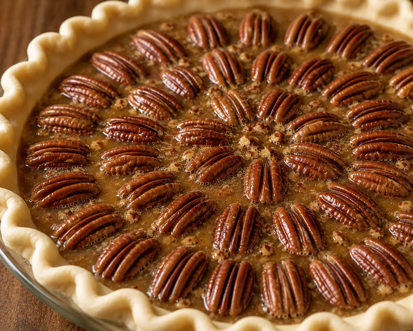 Close-up of an unbaked homemade pecan pie with glossy brown sugar filling and pecan halves arranged decoratively in concentric circles inside a flaky pie crust.