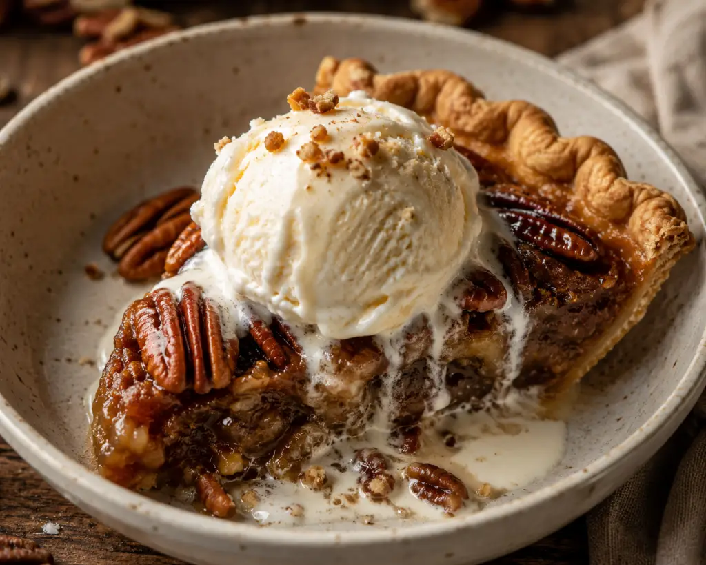 A warm slice of homemade pecan pie served in a rustic shallow ceramic bowl topped with a scoop of melting vanilla ice cream.