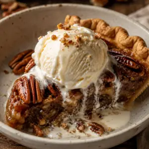A warm slice of homemade pecan pie served in a rustic shallow ceramic bowl topped with a scoop of melting vanilla ice cream.