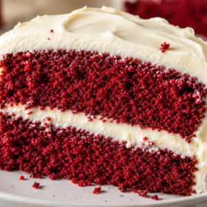 red velvet cake- The Best Moist Red Velvet Cake Recipe (Bakery-Style with Cream Cheese Frosting) Close-up slice of moist red velvet cake with thick cream cheese frosting showing soft, tender crumb and rich bakery-style texture.