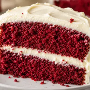 red velvet cake- The Best Moist Red Velvet Cake Recipe (Bakery-Style with Cream Cheese Frosting) Close-up slice of moist red velvet cake with thick cream cheese frosting showing soft, tender crumb and rich bakery-style texture.