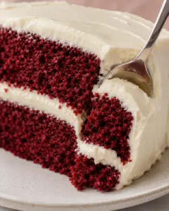 Close-up of a moist red velvet cake slice with a bite removed, revealing tender crumb and creamy homemade cream cheese frosting.