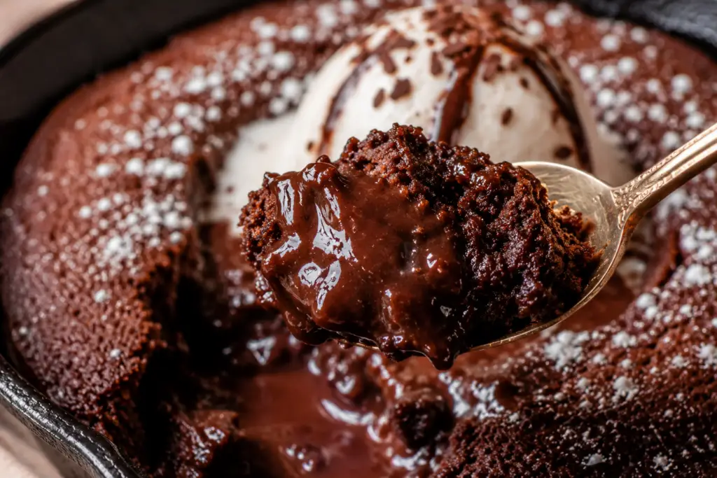 Close-up spoonful of warm skillet chocolate lava cake with a gooey molten chocolate center and vanilla ice cream in the background.