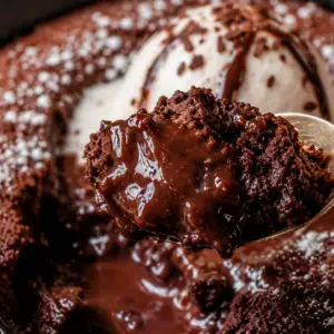 Close-up spoonful of warm skillet chocolate lava cake with a gooey molten chocolate center and vanilla ice cream in the background.