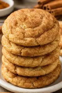 A close-up stack of soft and chewy homemade snickerdoodle cookies coated in cinnamon sugar with crackly tops and golden edges on a white ceramic plate.