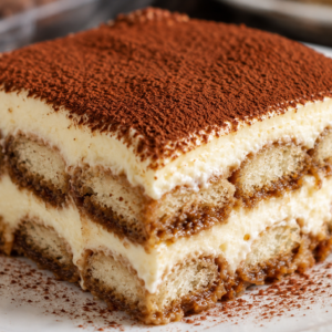 tiramisu- The Best Homemade Tiramisu Recipe Close-up of homemade tiramisu with layers of espresso-soaked ladyfingers, fluffy mascarpone cream, and a generous dusting of cocoa powder on top.