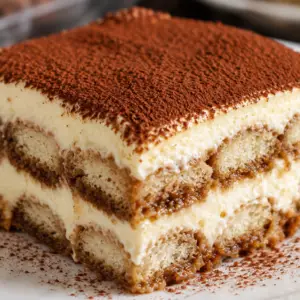 Close-up of homemade tiramisu with layers of espresso-soaked ladyfingers, fluffy mascarpone cream, and a generous dusting of cocoa powder on top.