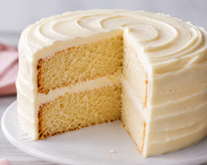 Moist vanilla cake recipe with fluffy vanilla sponge layers and homemade vanilla buttercream frosting on a classic two-layer birthday cake.
