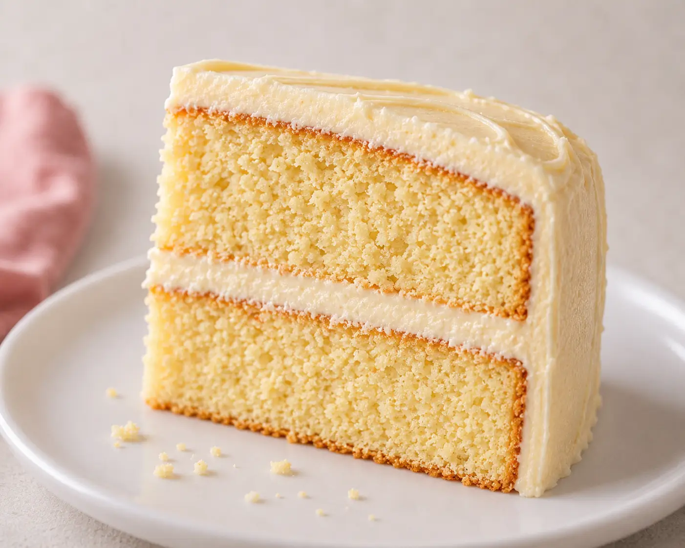 vanilla cake- Vanilla Cake Recipe Close-up of a thick slice of vanilla layer cake with soft, moist vanilla sponge, silky vanilla buttercream frosting, and smooth swirled icing on top, served on a white plate.