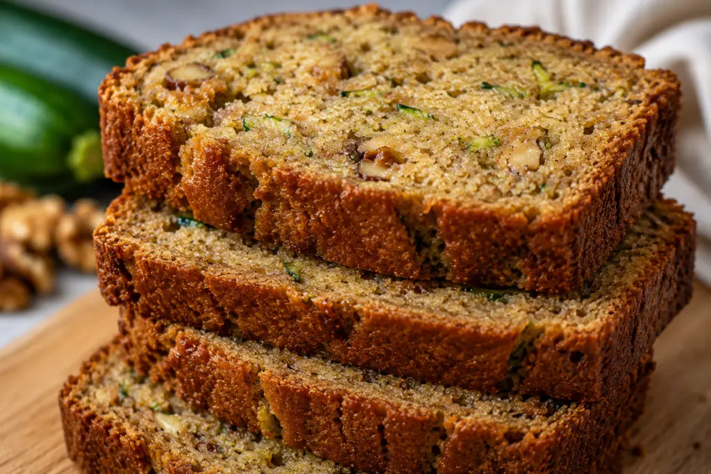 Stack of thick slices of moist homemade zucchini bread with walnuts and shredded zucchini, showing a soft cinnamon-spiced crumb and golden crust.