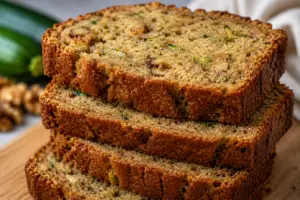 Stack of thick slices of moist homemade zucchini bread with walnuts and shredded zucchini, showing a soft cinnamon-spiced crumb and golden crust.