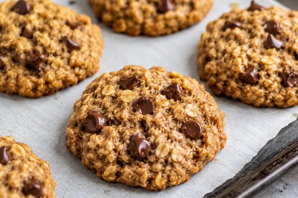 Close-up of freshly baked 3 ingredient oatmeal cookies with chocolate chips cooling on a parchment-lined baking sheet.