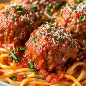 spaghetti and meatballs- Homemade Spaghetti and Meatballs Close-up of homemade spaghetti and meatballs topped with chunky marinara sauce, freshly grated Parmesan cheese, and parsley over perfectly cooked spaghetti.