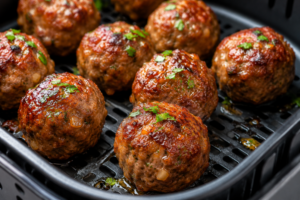 Close-up of juicy homemade air fryer meatballs with golden brown crispy edges cooking in an air fryer basket, seasoned with fresh parsley and Italian herbs.