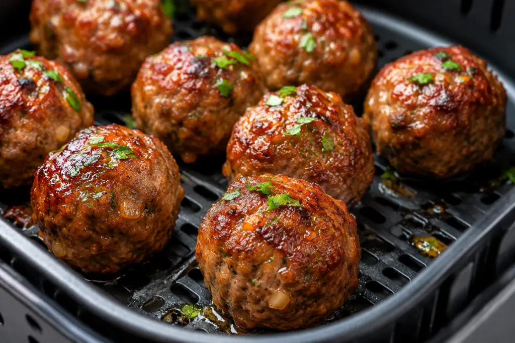 Close-up of juicy homemade air fryer meatballs with golden brown crispy edges cooking in an air fryer basket, seasoned with fresh parsley and Italian herbs.