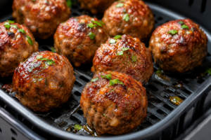 Close-up of juicy homemade air fryer meatballs with golden brown crispy edges cooking in an air fryer basket, seasoned with fresh parsley and Italian herbs.