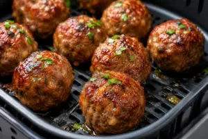 Close-up of juicy homemade air fryer meatballs with golden brown crispy edges cooking in an air fryer basket, seasoned with fresh parsley and Italian herbs.