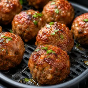 Close-up of juicy homemade air fryer meatballs with golden brown crispy edges cooking in an air fryer basket, seasoned with fresh parsley and Italian herbs.