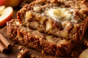 Close-up of two thick slices of homemade apple bread showing a moist crumb filled with fresh apple pieces and cinnamon with melted butter on top.