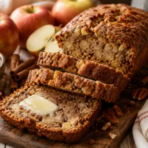 Freshly baked homemade apple bread sliced on a rustic wooden cutting board with melting butter, fresh apples, cinnamon sticks, pecans, and brown sugar.