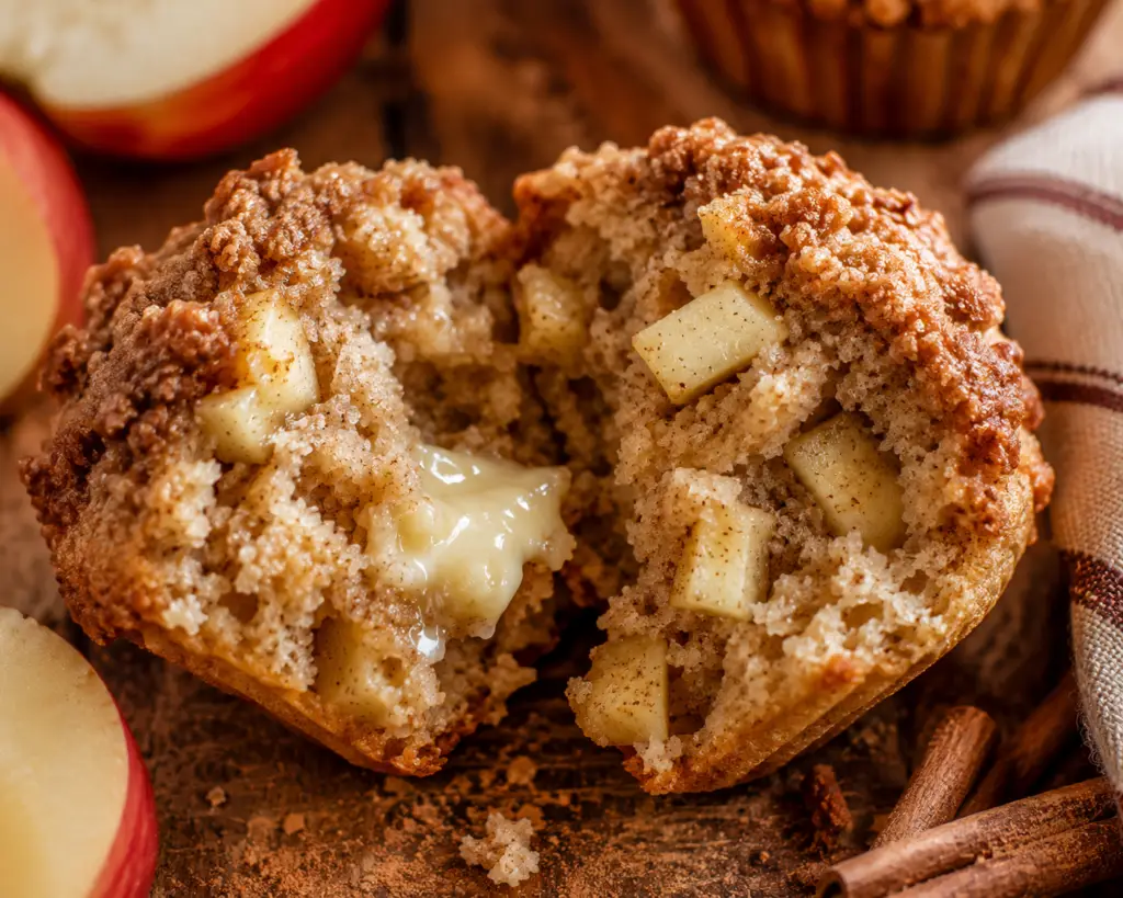 Close-up of a homemade apple muffin split in half with melted butter, tender cinnamon crumb, and juicy apple pieces on a rustic wooden cutting board.