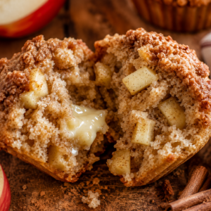 Close-up of a homemade apple muffin split in half with melted butter, tender cinnamon crumb, and juicy apple pieces on a rustic wooden cutting board.
