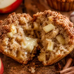 apple muffins- Apple Muffins Close-up of a homemade apple muffin split in half with melted butter, tender cinnamon crumb, and juicy apple pieces on a rustic wooden cutting board.