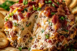 Rustic bacon ranch cheese ball coated with crispy bacon, shredded cheddar cheese, green onions, and fresh herbs with a creamy center served on a wooden board with crackers.