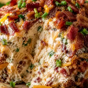 bacon ranch cheese ball- Bacon Ranch Cheese Ball Rustic bacon ranch cheese ball coated with crispy bacon, shredded cheddar cheese, green onions, and fresh herbs with a creamy center served on a wooden board with crackers.
