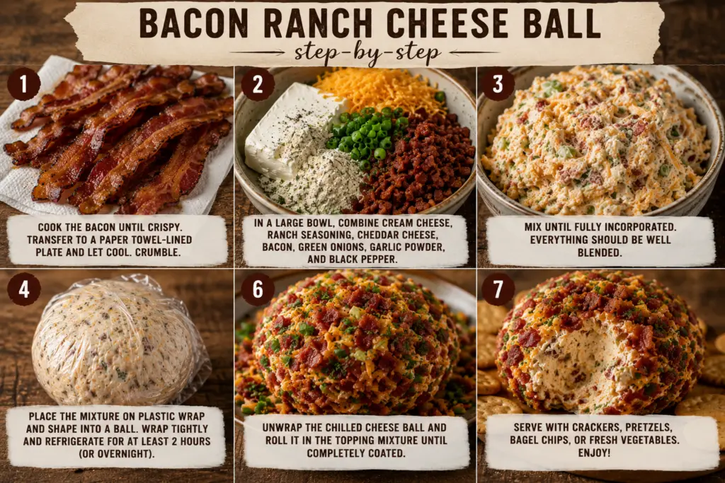 Step-by-step photo collage showing how to make a homemade Bacon Ranch Cheese Ball from mixing ingredients to rolling in bacon topping and serving.