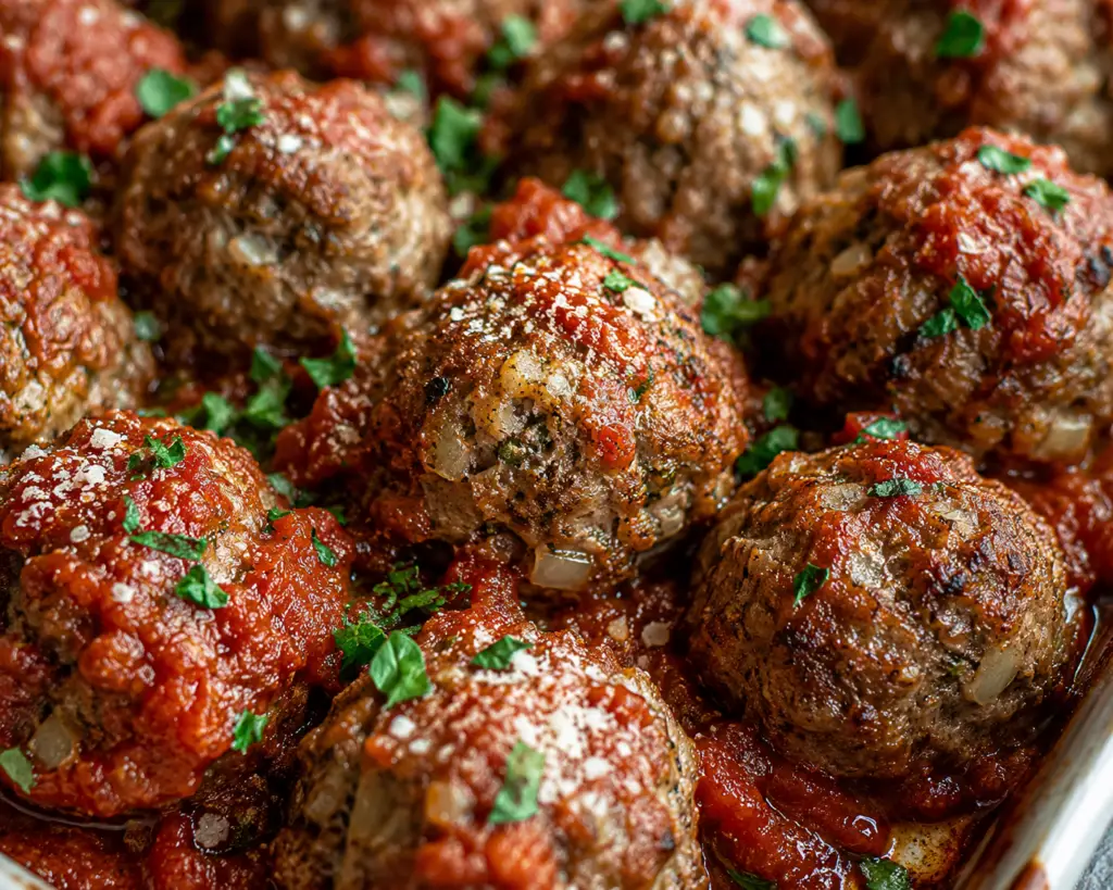 Close-up of rustic homemade baked meatballs in smooth marinara sauce, with one meatball cut in half to reveal a juicy, tender interior garnished with fresh parsley.