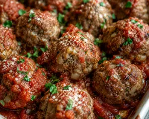 Close-up of rustic homemade baked meatballs in smooth marinara sauce, with one meatball cut in half to reveal a juicy, tender interior garnished with fresh parsley.