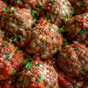 baked meatballs- Baked Meatballs Recipe Close-up of rustic homemade baked meatballs in smooth marinara sauce, with one meatball cut in half to reveal a juicy, tender interior garnished with fresh parsley.