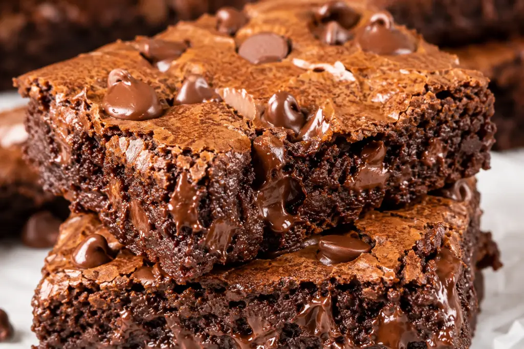 These fudgy brownies with chocolate chips feature crackly tops, gooey centers, and melty chocolate chips in every bite. An easy homemade brownie recipe everyone will love.