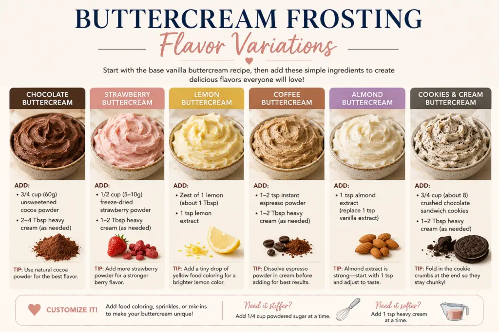 Landscape infographic showing six buttercream frosting flavor variations including chocolate, strawberry, lemon, coffee, almond, and cookies and cream.