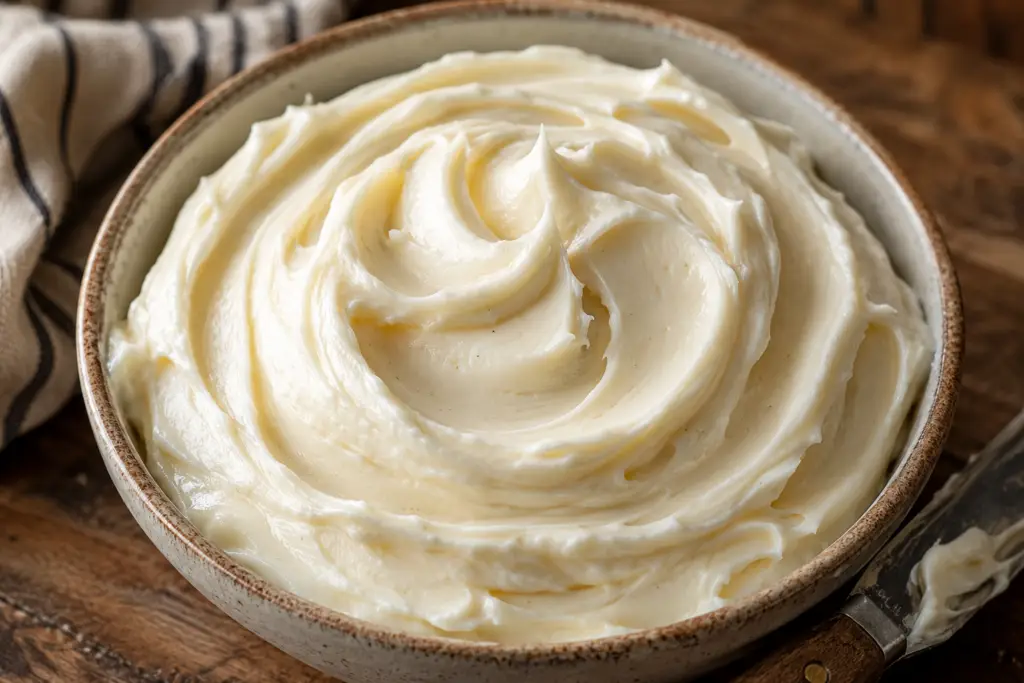 Close-up of homemade vanilla buttercream frosting swirled in a rustic ceramic bowl on a wooden table.