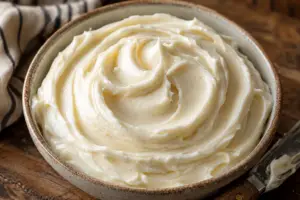 Close-up of homemade vanilla buttercream frosting swirled in a rustic ceramic bowl on a wooden table.