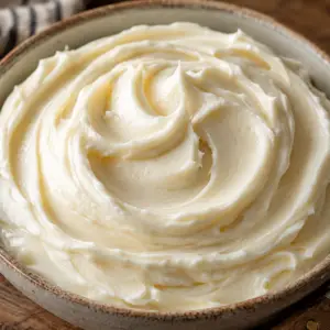 Close-up of homemade vanilla buttercream frosting swirled in a rustic ceramic bowl on a wooden table.