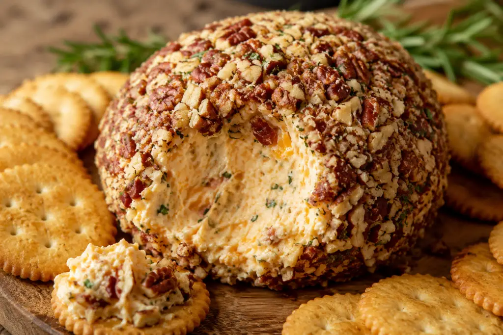 Rustic close-up of a homemade cheese ball appetizer coated in chopped pecans with a creamy cheddar filling, served with buttery crackers on a wooden board.