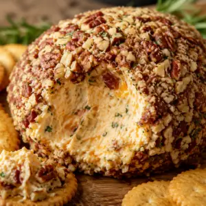 cheese ball- Classic Cheese Ball Appetizer Recipe Rustic close-up of a homemade cheese ball appetizer coated in chopped pecans with a creamy cheddar filling, served with buttery crackers on a wooden board.