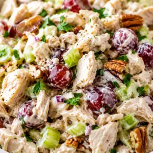 chicken salad- Chicken Salad Creamy homemade chicken salad with tender chicken, red grapes, celery, pecans, parsley, and a flavorful mayonnaise dressing in a white serving bowl.