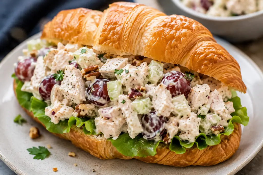 Homemade chicken salad served on a flaky buttery croissant with crisp lettuce, grapes, celery, and toasted pecans.
