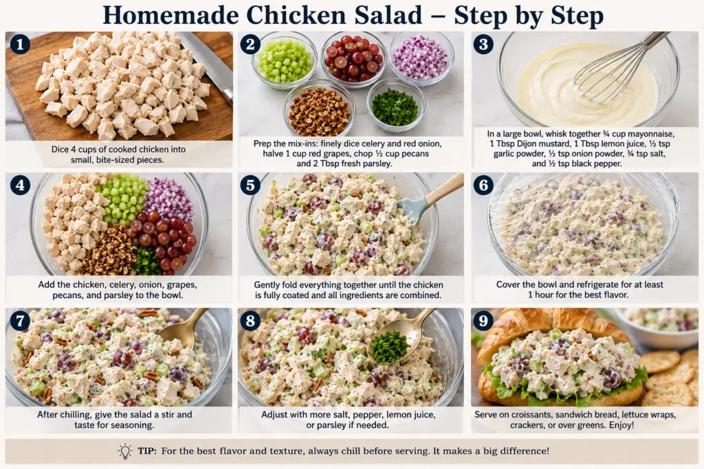 Step-by-step guide showing how to make homemade chicken salad from preparing the ingredients to mixing, chilling, and serving on croissants or crackers.