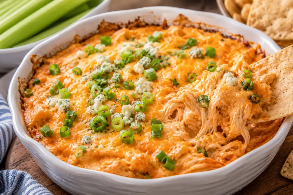 Creamy buffalo chicken wing dip in a white baking dish with melted cheese, green onions, blue cheese crumbles, and a tortilla chip scooping a cheesy bite.
