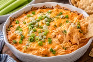 Creamy buffalo chicken wing dip in a white baking dish with melted cheese, green onions, blue cheese crumbles, and a tortilla chip scooping a cheesy bite.