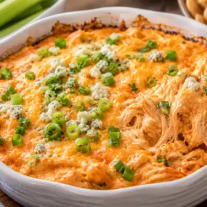 Creamy buffalo chicken wing dip in a white baking dish with melted cheese, green onions, blue cheese crumbles, and a tortilla chip scooping a cheesy bite.