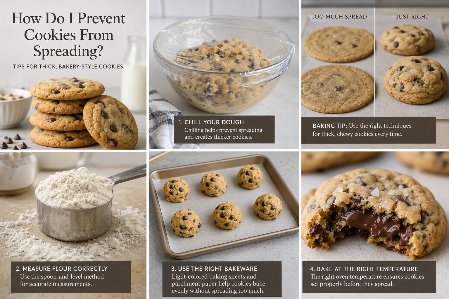 How do I prevent cookies from spreading- How Do I Prevent Cookies From Spreading? (The Complete Guide to Thick, Bakery-Style Cookies) Collage infographic showing tips to prevent cookies from spreading, including chilled cookie dough, properly measured flour, cookie dough balls on a baking sheet, and a comparison of flat versus thick bakery-style chocolate chip cookies.