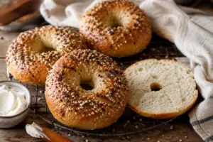 Freshly baked homemade cottage cheese bagels cooling on a vintage wire rack with everything bagel seasoning, one sliced open to reveal a soft, fluffy interior beside whipped cream cheese.