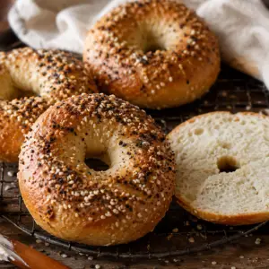 cottage cheese bagels- Cottage Cheese Bagels (High Protein, 3-Ingredient Recipe) Freshly baked homemade cottage cheese bagels cooling on a vintage wire rack with everything bagel seasoning, one sliced open to reveal a soft, fluffy interior beside whipped cream cheese.